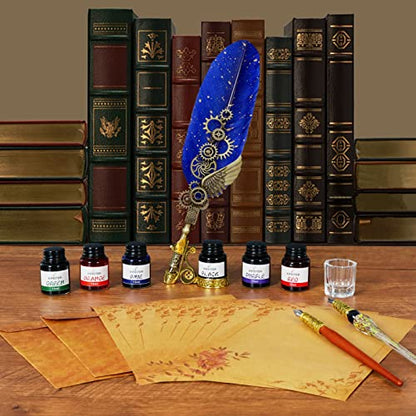 Aifeiter Quill Pen Ink Set-Feather Calligraphy Pen and Set,includes 6 Bottles of,Quill Pen,Glass Dipping Pen,Wooden Dipping Pen,17 nibs,8 Sheets of Writing Paper,Envelope,Spoon-blue - color: Blue