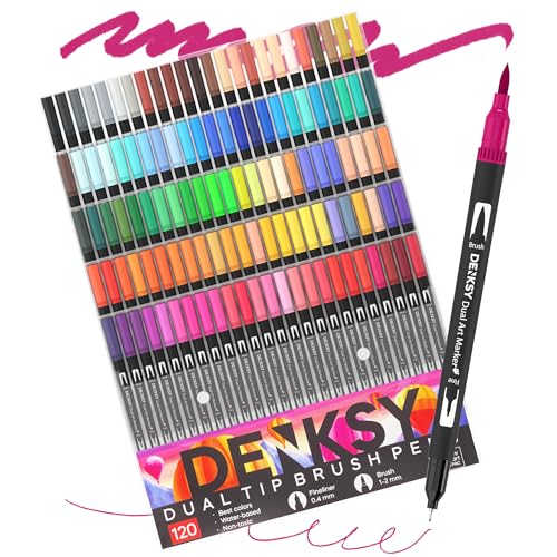 120 Watercolor Markers Set | Water Color Pens with Brush & Fineliner, Water-Based Art Markers | Dual Tip Markers for Adult Coloring, Lettering, Calligraphy, Sketching, Journaling & Illustration - color: Black