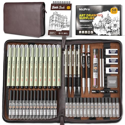 Nicpro 58 PCS Art Drawing Supplies Kit in Leather Case, Art Mechanical Pencil Set with Metal Drafting Pencil 0.3 & 0.5 & 0.7 & 0.9 & 2mm, 12 Micron Pen, Sketch Book, 30 Tube Lead Refills for Sketching
