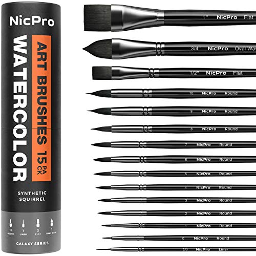 Nicpro 15PCS Watercolor Brushes, Synthetic Squirrel Professional Watercolor Paint Brush Set, Water Color Brushes with Round, Cat Tongue, Liner, Flat, Wash for Artists, Adults, Inks, Gouache - color: Black, size: 15PCS