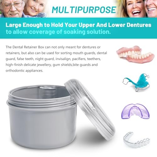 Denture Case with Denture Brush, No Leak Denture Bath Box, Denture Travel Case, Denture Cup with Basket for Soaking Dentures (grey) - color: grey