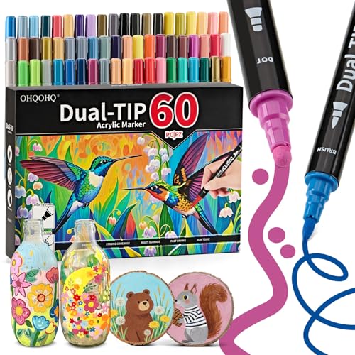 60 Colors Acrylic Paint Markers Set, Dual Tip Paint Pens with Fine & Dot Tip for Stone, Wood, Calligraphy, Canvas, Ceramic, Metal, Glass and Rock Painting - size: 60 Count (Pack of 1)