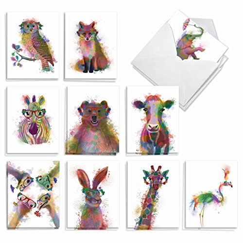 Best Card Co 20 Assorted Watercolor Animal Note Cards Box Set 4 x 5 In with Envelopes Funky Rainbow Wildlife for Animal Lovers AM4948OCB-B2x10 - style: Funky Rainbow Wildlife