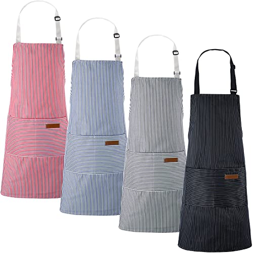 Handepo 4 Pcs Kitchen Aprons with Pockets Adjustable Waterproof Cotton Aprons Striped Apron for Women Men Chef Gift for Dad - color: Black, Pink, Gray, Blue