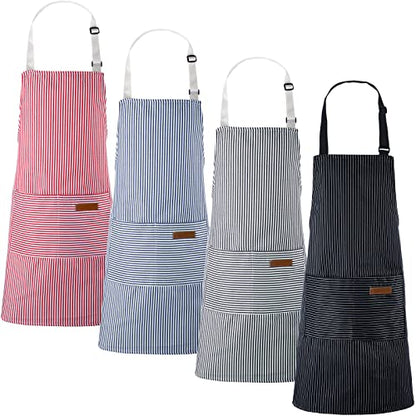 Handepo 4 Pcs Kitchen Aprons with Pockets Adjustable Waterproof Cotton Aprons Striped Apron for Women Men Chef Gift for Dad - color: Black, Pink, Gray, Blue