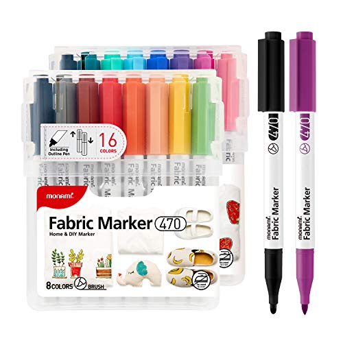 MONAMI Fabric Marker 470 (SET A), Brush Tip, No Ironing required Premium Fabric Markers for Tshirts, Textiles, Shoes, Eco Bags and More, Machine Washable, Almost No Bleeding, 15 Assorted Color Brush - size: SET A (15C+1Outliner)