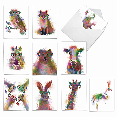Best Card Co 10 Blank Watercolor Animal Note Cards Box Set 4 x 5 Inch + Envelopes Funky Rainbow Wildlife for Animal Lovers M4948OCB-B1x10-NB - style: Funky Rainbow Wildlife