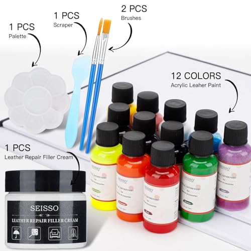 Leather Vinyl Repair Kit, 12 Colors Acrylic Leather Paint for Shoes, Sneakers, Leather Furniture, Bags, Car Seat, Wallets Leather Scratch Tear Repair Leather Care Set - color: 12 Color Acrylic Leather Paint