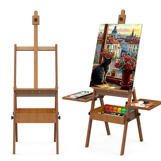 Large Vintage Wood H-Frame Easel, Hand-Rubbed Tinting Craft Painting Easel for Adults with Storage Box and Palette, Multi-Function Studio Art Easel, Holds Canvas Art up to 36" - color: Vintage