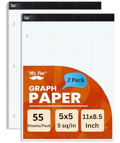Mr. Pen- Graph Paper Pad, 8.5x11 Inches, 5x5 (5 Squares per Inch) | 2 Pack of 55 Sheets, 3-Hole Punched, Ideal for Math, Graphing and Sketching, Grid Paper for Students, Engineers, Artists - color: White 3-Hole Punched, size: 2 Pack 11"x8.5", 5 sq/in