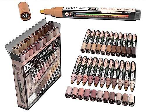 TOOLI-ART 22 Acrylic Paint Markers Paint Pens Pro Color Series Set 3mm Medium Tip for Rock Painting, Glass, Mugs, Wood, Metal, Glass Paint, Canvas, DIY. Non Toxic, Waterbased, Quick Drying (SKIN) - color: SKIN