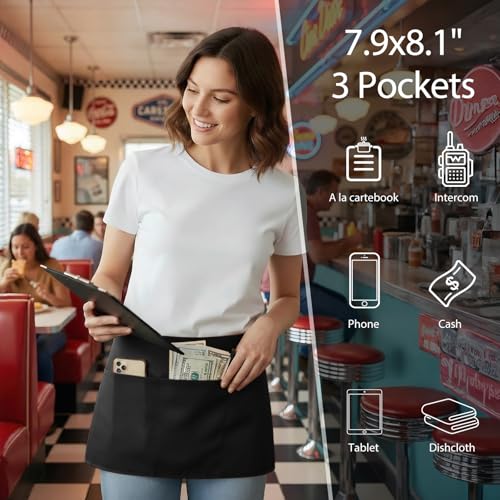 BOHARERS Waist Apron with 3 Pockets 6 Pack - Black Waitress Server Short Apron - color: B-6 Pack Black