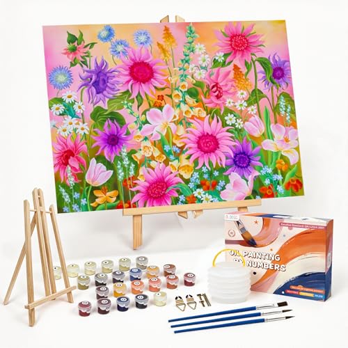 OLDEGG Sunflower Framed Paint by Numbers Kit for Adults,16''x20''inch Adult Paint by Number Kits with Easel,DIY Large Easy Acrylic Paint by Number Kits on Canvas for Home Wall Decor Gift - color: Pink Sunflower-1Pack