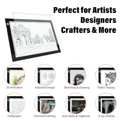 A4 LED Copy Board Tracing Light Box, Adjustable Brightness Artcraft LED Trace Light Pad, USB Power Light Table for Artists, Tattoo Drawing, Animation, Sketching, Stenciling & Diamond Art Painting
