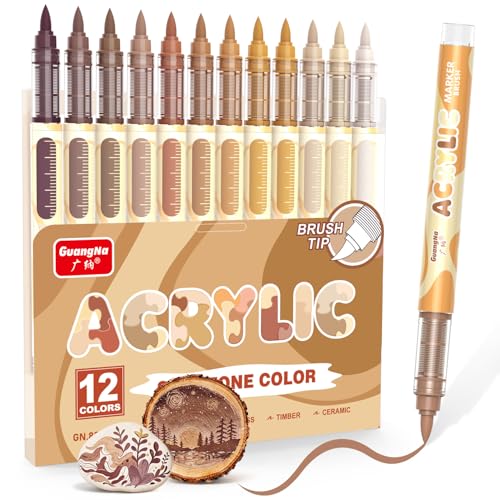 Guangna 12 Brown Acrylic Paint Markers, Brush Tip Acrylic Paint Pens for Pumpkin Paint, Rock Painting, Wood, Glass, Paper, Coloring Book, Ceramic, Canvas, DIY Crafts, Water-Based Ink - color: Brown