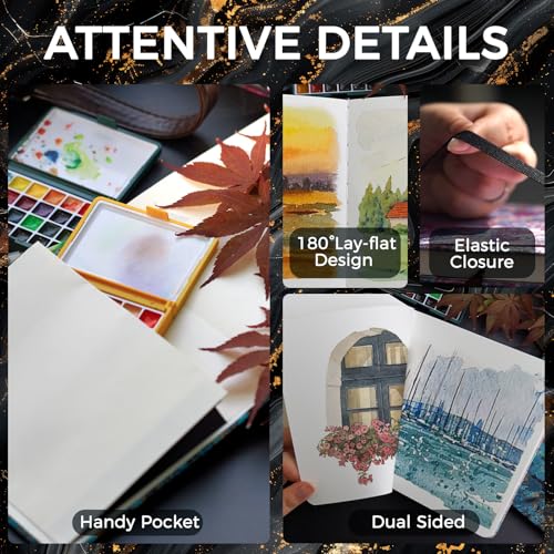 Funto Watercolor Journal, 6.3x6.3, 2 Pack, 24 Sheets Each, 100% Cotton Cold Press, 300gsm/140lb, Inner Paper Pocket, Art Supplies for Mixed Media - color: Gilded Lilac&Blue Gold