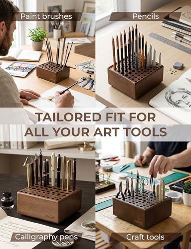 DUGATO Wooden Brush Holder, 59 Hole Desk Organizer with Rest Groove | Tabletop Stand for Paint Brushes, Pencils, Pens & Art Supplies, Built-In Drying Rest, Studio Desktop Rack