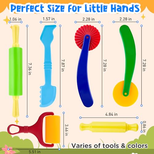Clay and Dough Tools 6 Pieces Basic Dough Tool Set for Kids, Variety of Rolling Pins, Rollers, Cutters - color: TTY