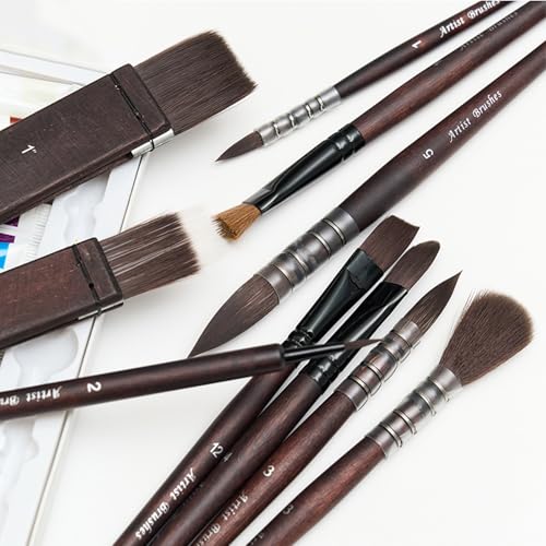 10 Pcs Watercolor Brush Set, Synthetic Hair with Wood Handle, Hake Round Flat Dagger Needle Cat Tongue for Acrylic Gouache Detail Painting