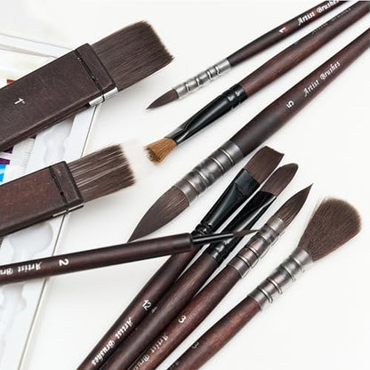 10 Pcs Watercolor Brush Set, Synthetic Hair with Wood Handle, Hake Round Flat Dagger Needle Cat Tongue for Acrylic Gouache Detail Painting