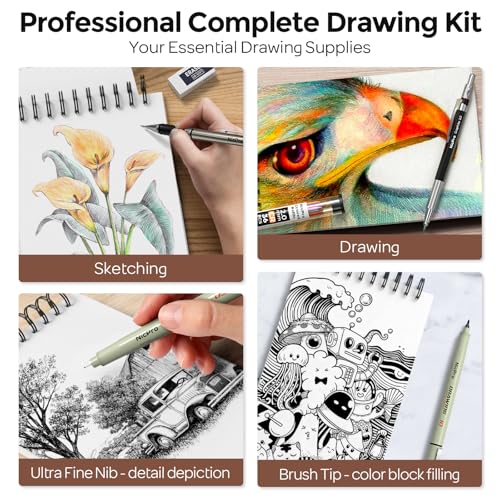 Nicpro 58 PCS Art Drawing Supplies Kit in Leather Case, Art Mechanical Pencil Set with Metal Drafting Pencil 0.3 & 0.5 & 0.7 & 0.9 & 2mm, 12 Micron Pen, Sketch Book, 30 Tube Lead Refills for Sketching