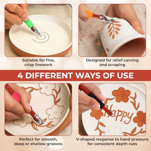 Lanties 4 Pcs Pottery Carving Tool Set Sculpture Scraper Craft Modelling Tools Red Pear Wood Texture Handle with Stainless Steel Blade for Clay Carving, Ceramic Sculpting, Graffito (Novel Color) - color: Novel Color