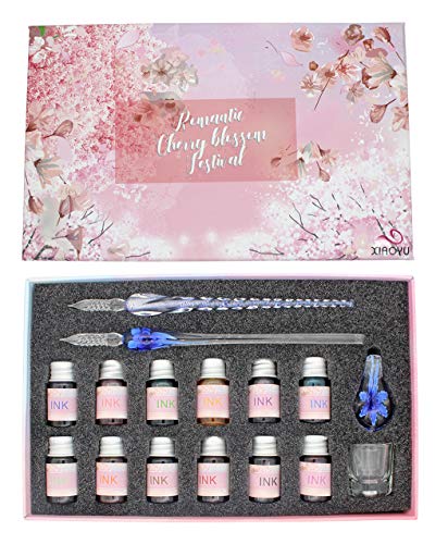 XIAOYU Glass Dip Pen Ink Set, 16 Pieces Calligraphy Pens Set - 12 Colorful Inks, Pen Holder, Cleaning Cup, 2 Crystal Glass Pens for Writing, Signature - Dark Blue - color: Dark Blue