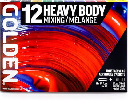 GOLDEN Heavy Body Acrylic Paint Set, 12 Color Professional Acrylic Paint Set, Twelve 3/4 Fl Oz Tubes with 2 Fl Oz Gloss Glazing Liquid, Bundle with Sticky Notes