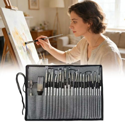24 Pieces Professional Paint Brush Set for Acrylic Oil Watercolor Gouache Painting, Nylon Bristles, Ergonomic Handles
