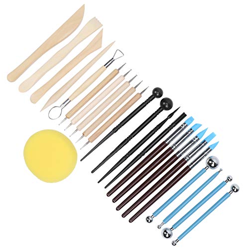 25pcs Ceramic Pottery Tools Set for Clay Sculpting and Embossing, Wooden Stainless Steel Silicone Craft Tools with Storage Bag for Handbuilding Wheel Throwing and Ceramic