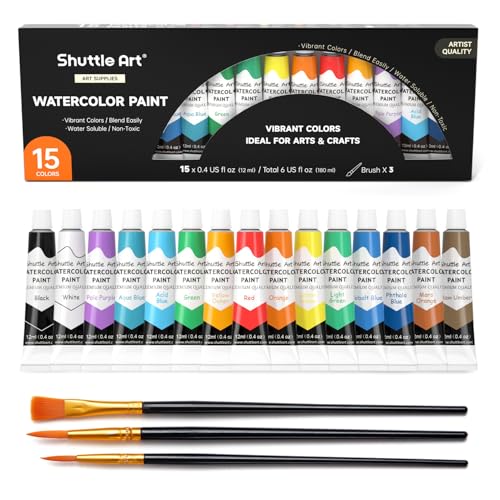 Shuttle Art Watercolor Paint Set, 15 Colors Watercolor Paint in Tubes (12ml Each) with 3 Brushes, Rich Pigments, Easy to Blend, Perfect for Kids, Artists, Beginners, Students - color: 15 Colors, size: 0.4 Fl Oz (Pack of 15)