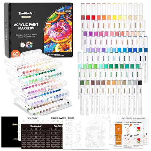 Shuttle Art Automatic Ink Control Acrylic Paint Markers, 60 Colors Brush Tip Acrylic Paint Pens for Rock, Ceramic, Wood, Canvas, Glass, Stone, Fabric, Card Making, DIY Football Crafts, FlipFunAlong - color: 60 Colors Brush Tip