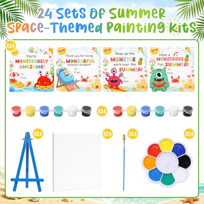 Eaasty 24 Set Mini Acrylic Paint Kit for Kids Monster Watercolor Painting Set Acrylic Paint Canvas Brushes Easel with Cards Bulk for Summer Themed Party Gifts Favor Kids Artists Beginner