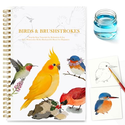 Creazic Watercolor Workbook for Adult Beginners, Pre-Sketched Bird Watercolor Coloring Book, Easy Step-by-Step Watercolor Tutorial on 140lb Paper, Spiral-Bound for Relaxation & Creative Art Practice - color: Bird Themed