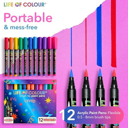 Life of Colour - Vivid Brush Tip Acrylic Paint Pens | Vibrant & Neon acrylic paint pens with flexible brush tips for wood, fabric, glass, ceramic, rocks & canvas. - style: Vivid Fine Tip Markers