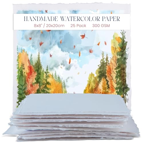 Wanderings Thick Handmade Watercolor Paper with Deckle Edge - 8" x 8" - 300GSM - Premium White Hot Press Smooth Mixed Media Paper Made with Recycled Cotton - 25 Loose Leaf Sheets - color: White, size: 8x8" (20x20cm)