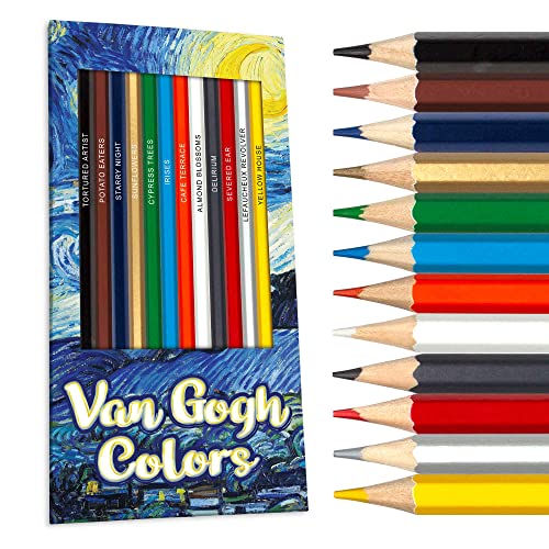 Van Gogh-Themed Colored Pencil Set - 12 Soft Core Colored Pencils for Art Lovers - Post-Impressionism Artist-Inspired Colors with Foil-Stamped Painting Names - Ideal Gift for Kids & Adults - size: Pencil Set, style: Van Gogh
