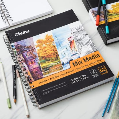 Ohuhu Mix Media Pad, 8.8" x 11.6" Mixed Media Art Sketchbook, 120 LB/200 GSM Heavyweight Papers, 62 Sheets/124 Pages, Spiral Bound Mixed Media Paper Pad for Acrylic, Painting Christmas Gift - size: 8.8" x 11.6"