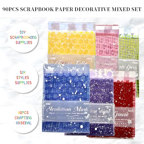 BADAO 90 Sheets Sticker Scrapbook Paper Supplies for DIY Mix Mesh Fabric Scrapbooking Kits 6 Pack 5.11x7.08Inch Textured Aesthetic Paper Scrap Book Material for DIY Decorative Mixed Set