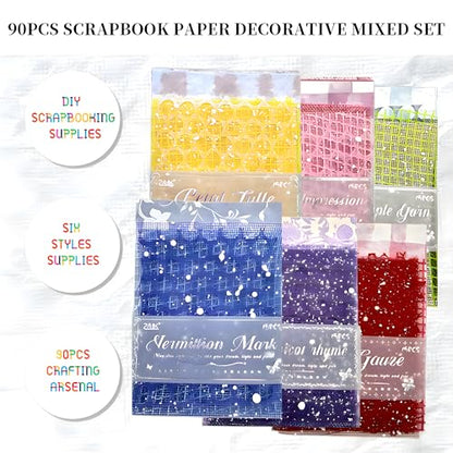 BADAO 90 Sheets Sticker Scrapbook Paper Supplies for DIY Mix Mesh Fabric Scrapbooking Kits 6 Pack 5.11x7.08Inch Textured Aesthetic Paper Scrap Book Material for DIY Decorative Mixed Set
