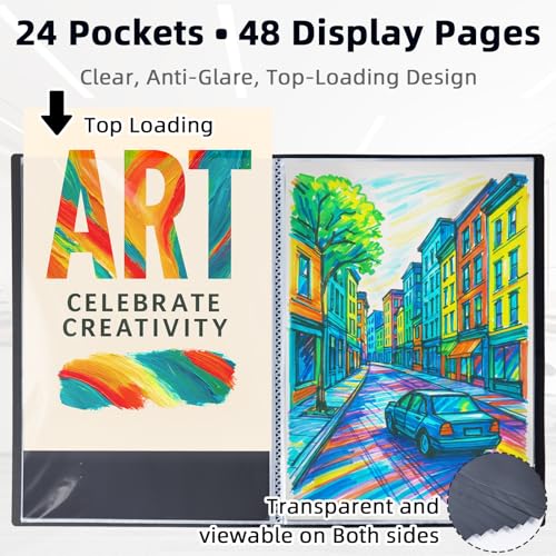 JJRING 18x24 Art Portfolio Folder with Plastic Sleeves, 24-Pocket Portfolio Binder Displaying 48 Pages, Presentation Book with Black Inner Paper for Artwork Storage, Black - size: 18*24