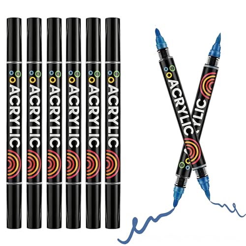 Dual Tips Acrylic Paint Markers - Fine Tip and Brush Tip Acrylic Paint Pens for Stone,Paper,Wood,Glass,Fabric Paint,DIY Crafts (6, Blue) - color: Blue