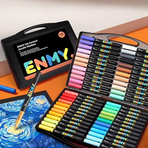 48 Colors Acrylic Paint Pens, Direct Liquid Acrylic Paint Marker Pens, Fabric Markers for Textile, Canvas, Rock, Glass, Wood, Paper, DIY, Acrylic Coloring Markers for DIY Craft Supplies - color: 48-Color