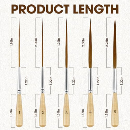 5Pcs Long Liner Brushes - Ox Ear Hair Detail Paint Brushes Extra Long Fine Point | Pinstriping, Scroll Outlining for Watercolor, Acrylic, Oil & Pro Artists
