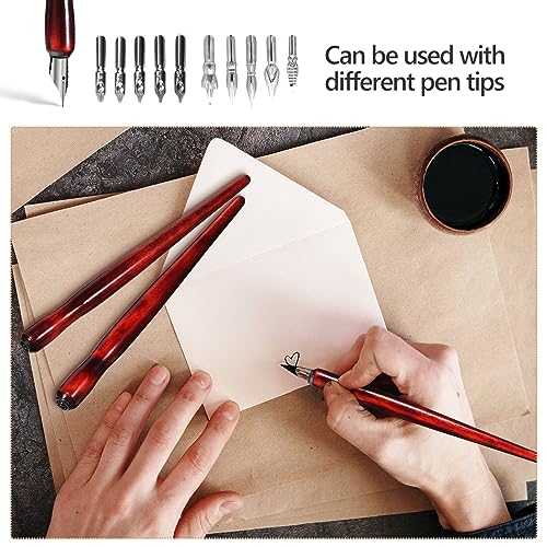Gadpiparty 12-Piece Wooden Dip Pen Holder Set for Calligraphy, Drawing & Illustration - Portable Dark Red Penholder with Comfort Grip, Ideal for Ink Writing & Sketching
