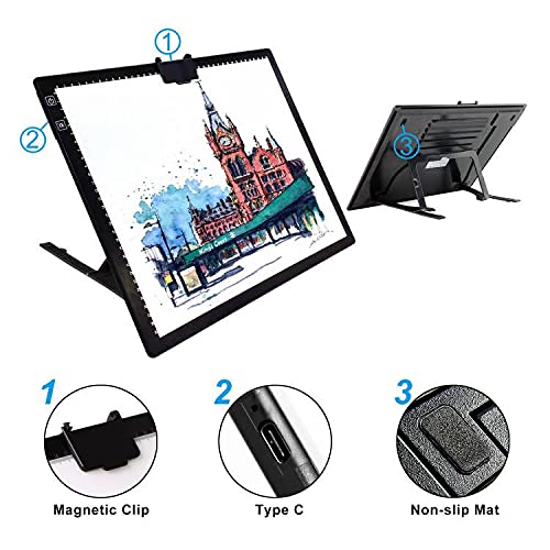 A3 LED Light Pad with Carry Bag, TOHETO Wireless Rechargeable Light Board with Stand and Top Magnetic Clip 3 Colors Stepless Dimmable 6 Levels Brightness Light Box for Diamond Painting Weeding Vinyl - style: A3 with Bag (Black)