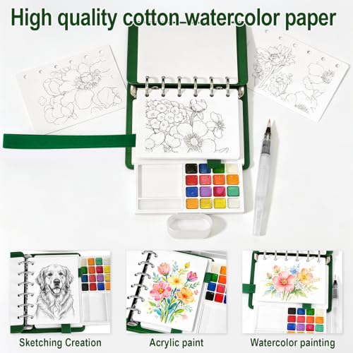 Travel Watercolor Set, 16 Colors Standard (8 Matte & 8 Shimmer), Mini Paint Kit with 30-Sheet 300G Cotton Sketchbook, Detachable Palette, Water Cup & Water Brush, Green - color: Green