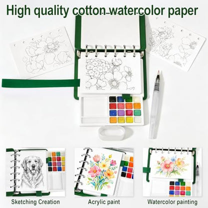 Travel Watercolor Set, 16 Colors Standard (8 Matte & 8 Shimmer), Mini Paint Kit with 30-Sheet 300G Cotton Sketchbook, Detachable Palette, Water Cup & Water Brush, Green - color: Green