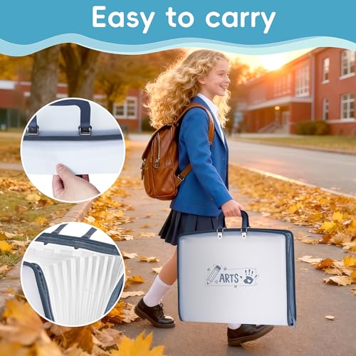 11x17 Accordion File Organizer with 13 Pockets, Art Portfolio with Handle & Zipper Closure, Oxford-Trimmed Frosted Translucent Style (1-Pack)