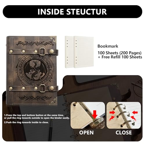 DUROTAN DND Notebook Journal Refillable Leather A5 Binder 400 Pages | For Dungeons and Dragons Gifts D&D Accessories for dm players Men&Women(3-Khaki-Dragon Totem) - color: 3-Khaki-Dragon Totem